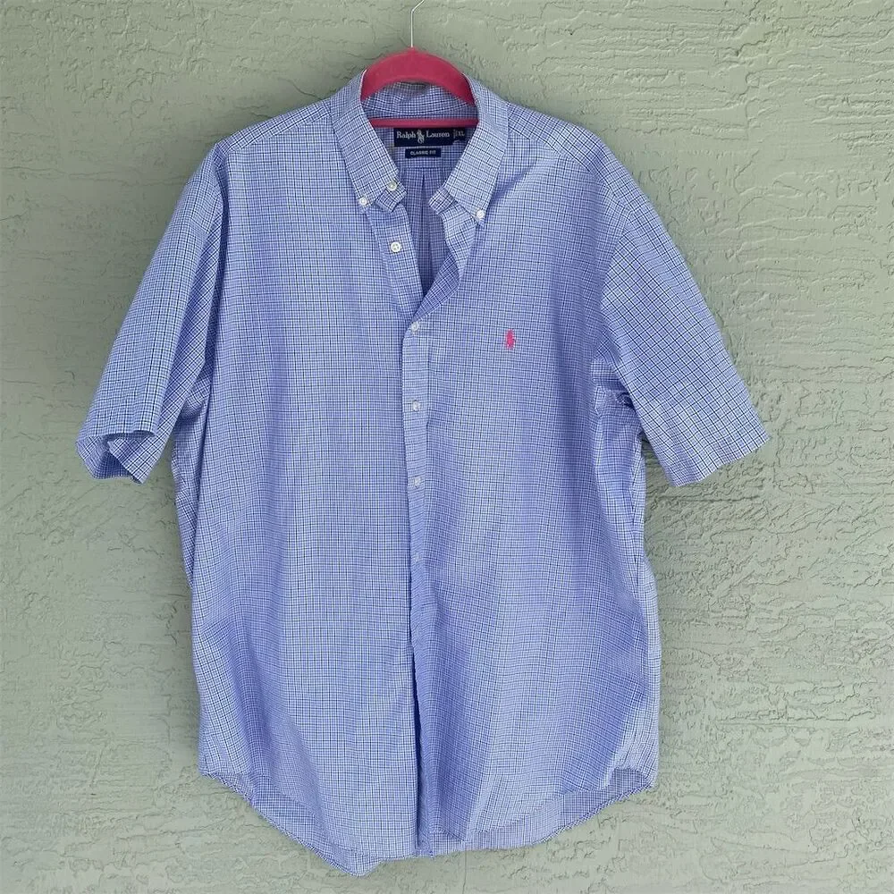 Ralph Lauren Men's XL Blue Check Short Sleeve Button-Up Shirt